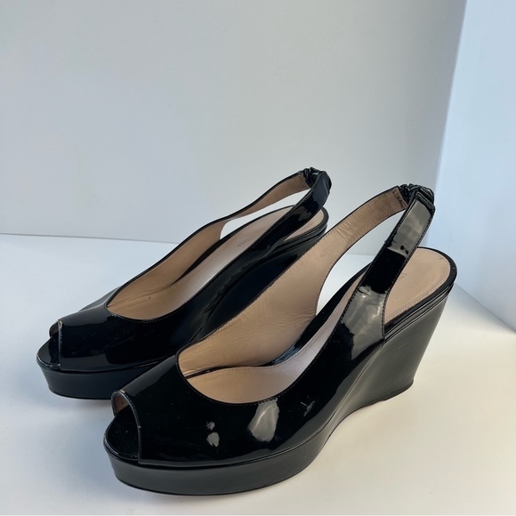 Stuart Weitzman Peep Toe Patent Leather Platform Slingback Wedges - Picture 3 of 12